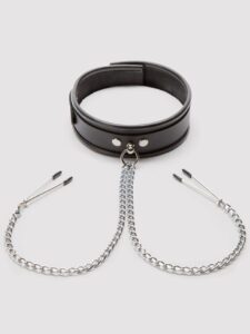 DOMINIX Deluxe Leather Collar with Nipple Clamps — Erotic • Black