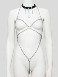 DOMINIX Deluxe Open-Body Chain Harness with Leather Collar — Lingerie • Silver Australia DOMINIX Deluxe Open-Body Chain Harness with Leather Collar — Lingerie • Silver