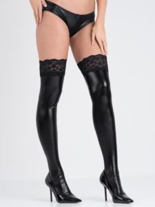 Lovehoney Lingerie Lovehoney Fierce Black Wet Look Hold-Ups with Lace Tops - One size — Lingerie • Black Australia Lovehoney Lingerie Lovehoney Fierce Black Wet Look Hold-Ups with Lace Tops - One size — Lingerie • Black