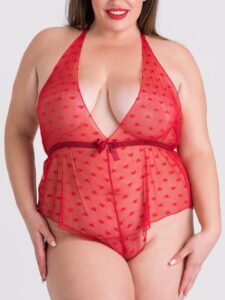 Lovehoney Lingerie Lovehoney Plus Size Barely There Red Sheer Hearts Crotchless Teddy - One Size Queen — Lingerie • Red