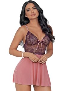 Escante Plum Lace and Mesh Babydoll Set - Medium — Lingerie • Purple