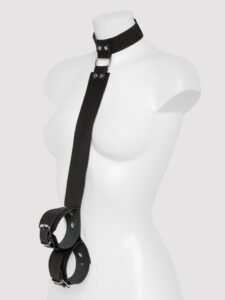 DOMINIX Deluxe Leather Collar and Wrist Restraint Harness — Erotic • Black
