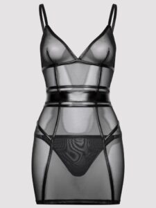 Lovehoney Lingerie Lovehoney Plus Size Fierce Wet Look and Mesh Panelled Black Mini Dress Set - One Size Queen — Lingerie • Black