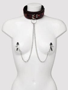 Bondage Boutique Heart Collar with Nipple Clamps and Chain — Erotic • Black