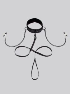 Bondage Boutique Black Rose Collar with Nipple Clamps — Erotic • Black