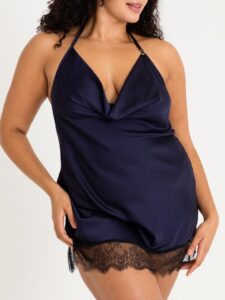 Lovehoney Lingerie Lovehoney Plus Size Dark Orchid Navy Satin and Lace Chemise - 5X / 6X — Lingerie • Blue