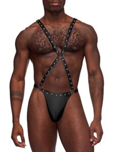 Male Power Black Studded Wet-Look Harness Thong - S / M — Lingerie • Black