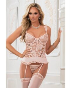3pc Lace Up Garter Corset W/ Thong Pink Champagne O/s on FRISCOES (Adult Toys Online Store)