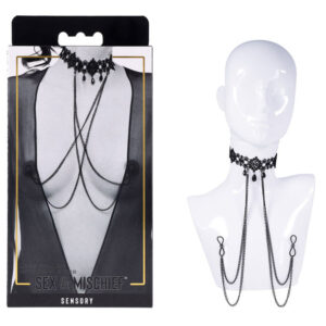 Sex & Mischief Lace Collar with Nipple Ties – Black Neck and Nipple Restraints