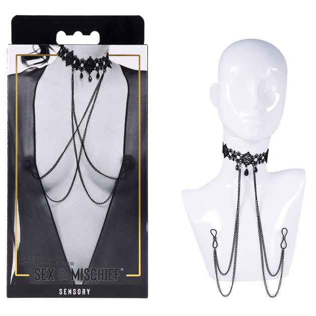 Sex & Mischief Lace Collar with Nipple Ties - Black Neck and Nipple Restraints Global Shipping
